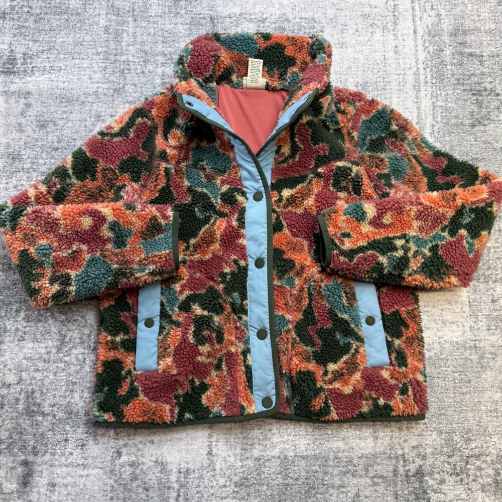 LL Bean Jacket Women Medium Petite Sherpa Fleece Snap Coat Colorful Camo Granola - Picture 2 of 9